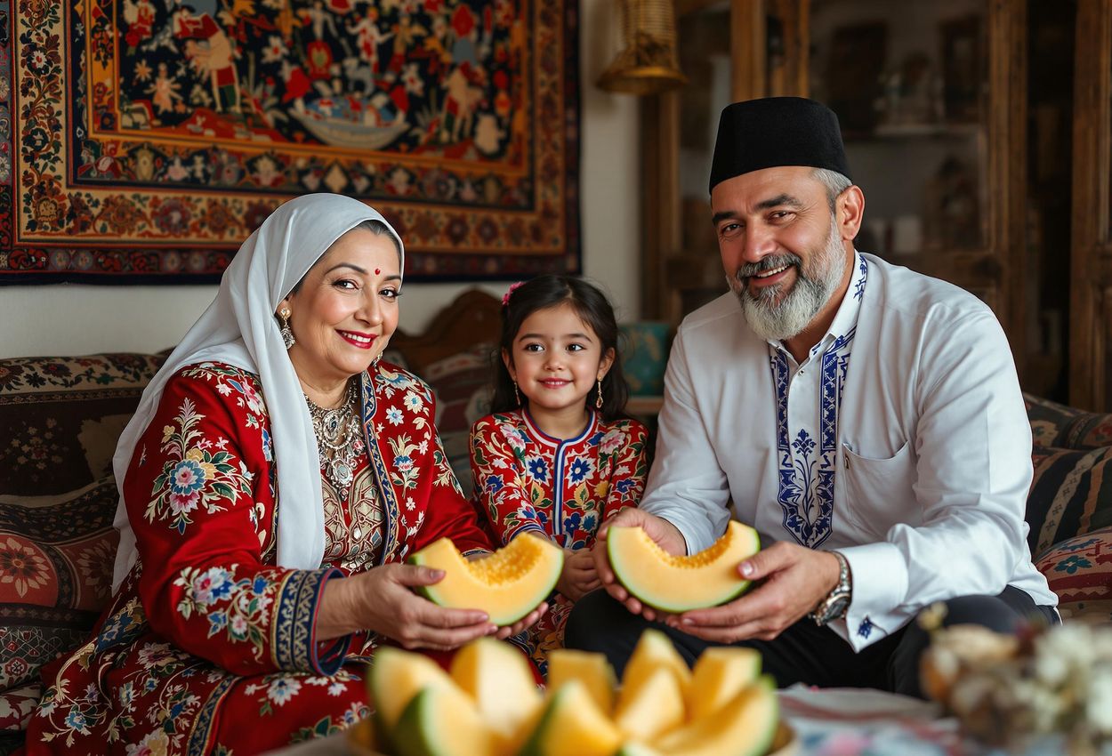 A close-up photograph of a Turkmen family in traditional attire, offering slices of melon to guests in their warmly decorated home, showcasing cultural hospitality and rich heritage.
