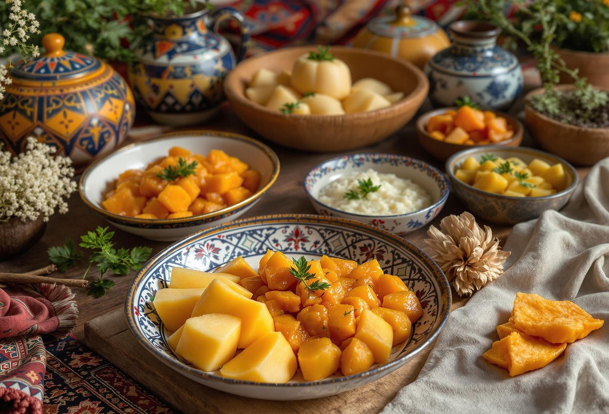 A detailed close-up photograph showcasing traditional Turkmen melon-based dishes—syok, toshap, ijan, and gavun kak—artfully presented on a wooden table, accompanied by authentic Turkmen pottery and textiles, highlighting the rich colors and textures of Turkmen cuisine.