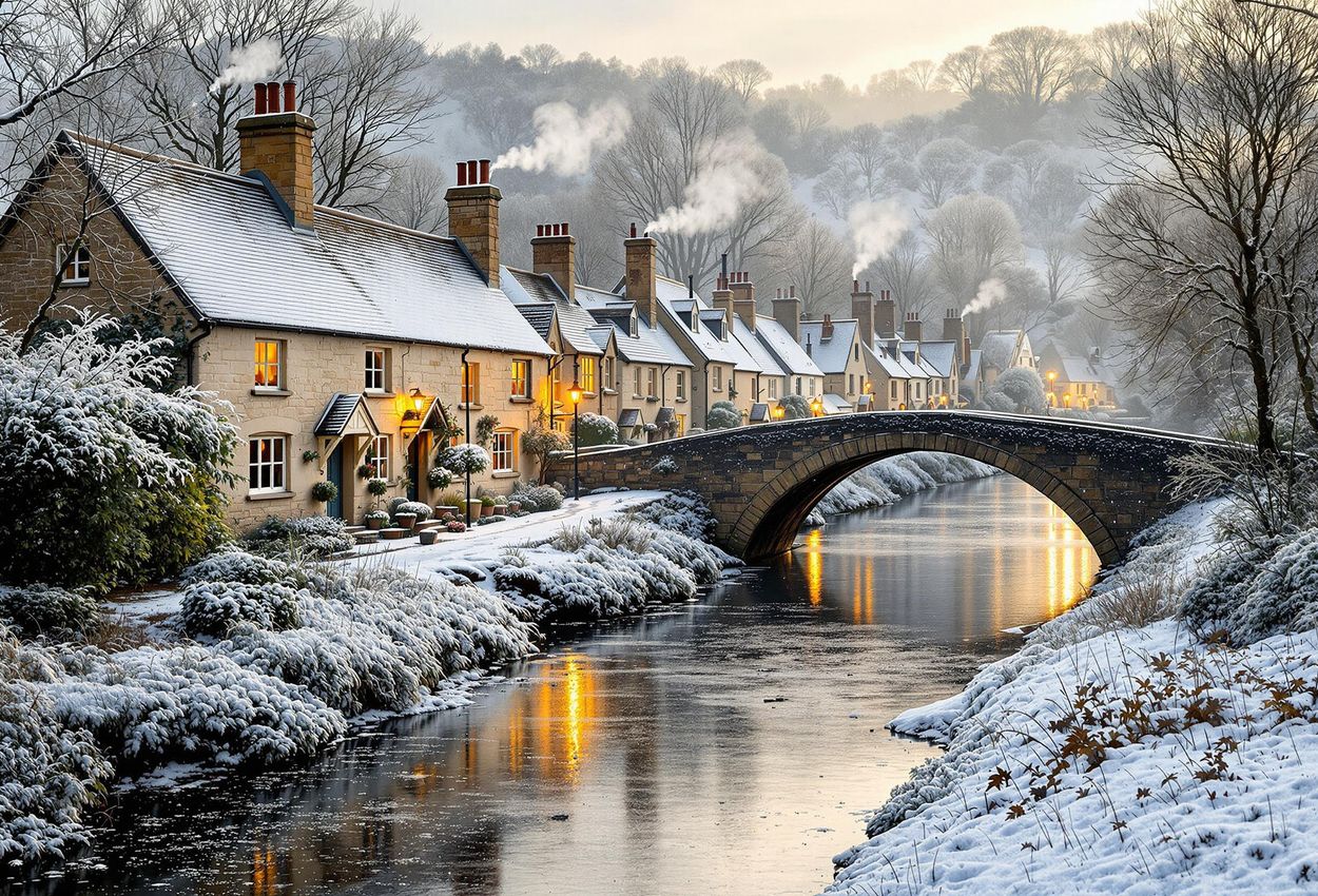A photograph captures a peaceful winter morning in Castle Combe, Wiltshire, featuring snow-dusted stone cottages, a frosted stone bridge over the Bybrook River, and the warm glow of sunrise reflecting off the water.