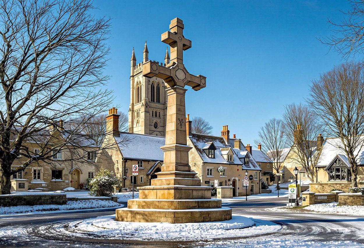 A hyperrealistic photograph of the 14th-century Market Cross in Castle Combe, Wiltshire, showcasing the snow-dusted village under a clear blue sky at midday in January 2025.