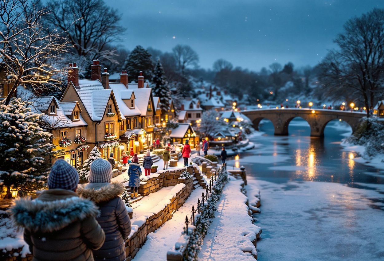A detailed photograph capturing the snow-covered Model Village at Bourton-on-the-Water during early evening in January, featuring children in colorful winter attire admiring the scene, with the real village and River Windrush in the background.