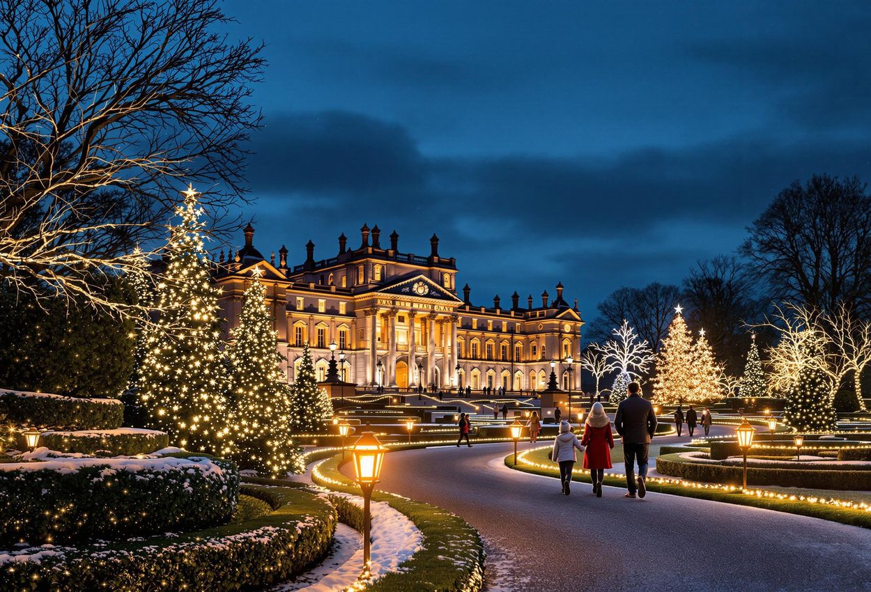 A photograph captures Blenheim Palace at dusk during the Christmas season, showcasing its grand Baroque architecture illuminated by thousands of sparkling lights. Visitors in elegant winter attire stroll through the formal gardens along a winding light trail, with the deep blue winter sky providing a stunning backdrop.