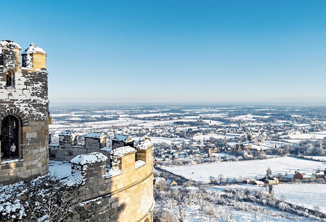 A panoramic photograph capturing the view from Broadway Tower on a clear winter morning, featuring snow-dusted Cotswolds hills, frost-rimed stonework, and distant villages under a crisp blue sky.