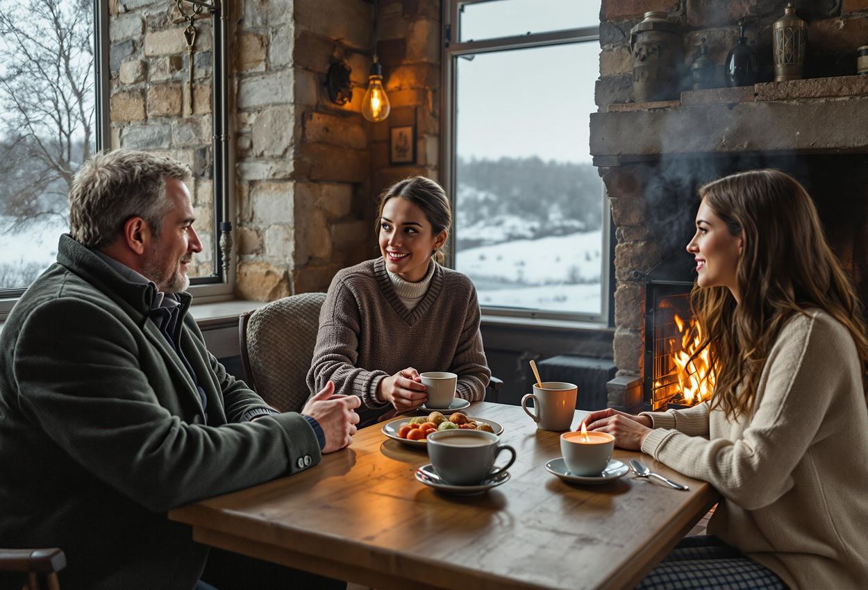 A photograph captures the warm interior of the historic Broadway Tower café, where visitors enjoy hot beverages by a roaring fireplace, with snow-covered Cotswold hills visible through the windows.