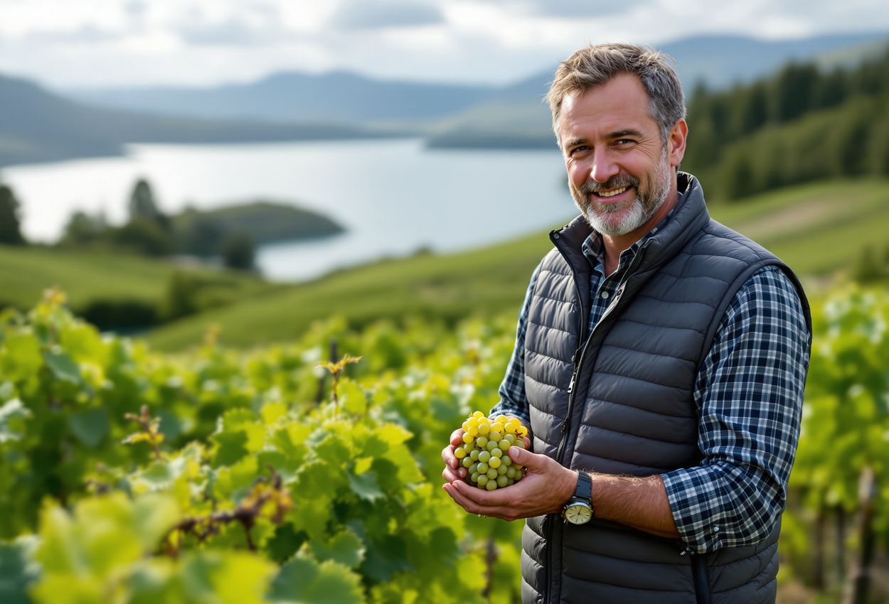 A landscape photograph showing a winemaker in his 40s inspecting grape clusters among rows of Sauvignon Blanc vines in the Marlborough Sounds. The cool spring air is visible as mist in the distance; the scene includes textured vine leaves, gravel soil, distant sea inlets and forested hills under soft natural light.