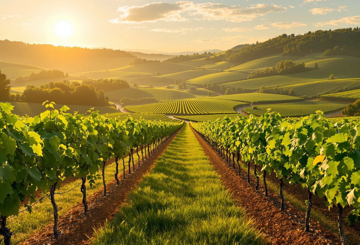 A photo of a Burgundy vineyard on September 1, 2025: golden afternoon light illuminates rows of Pinot Noir vines and an experienced winemaker examining grapes amid ancient stone walls and rolling hills.