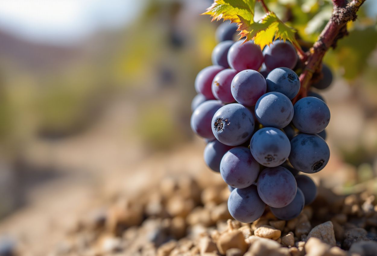 A hyper‑realistic macro photograph taken on March 10, 2025, showing thick‑skinned grape clusters in a high‑altitude Andean vineyard, with crisp textures of grape skins and rocky soil in the background blurred for depth.
