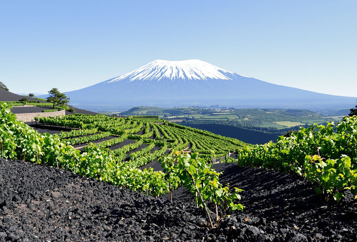 Snow-capped Mount Etna rises above lush volcanic vineyards in Sicily A landscape photograph showing terraced Nerello Mascalese and Carricante vineyards on dark volcanic soil, leading toward a snow-topped Mount Etna under a clear, pale-blue sky.