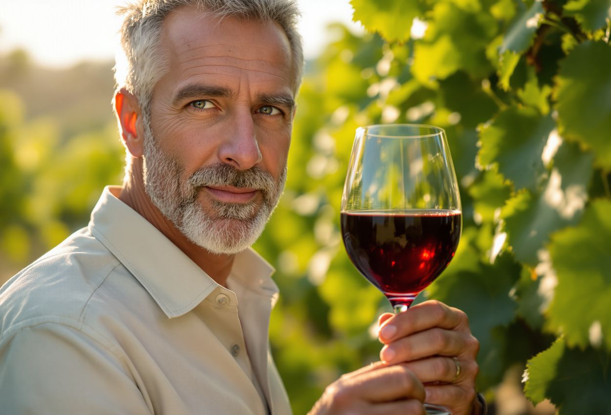 A close‑up portrait shows a middle‑aged winemaker holding a glass of rich garnet Malbec wine in a sunlit vineyard on April 5, 2025. His face reveals natural skin pores and expression, the linen shirt detailed, and the wine’s color and texture are clearly visible against softly blurred grapevine rows.