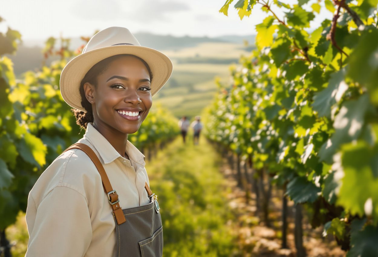 A group of diverse vineyard workers harvesting grapes under soft, morning sunlight in a Bordeaux vineyard. Foreground shows a young West African woman and a middle‑aged Eastern European man holding baskets of grapes, smiling and engaged in teamwork, with vine rows and a distant stone farmhouse visible.