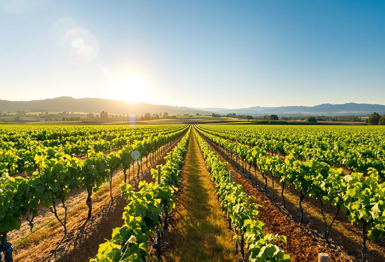 A male winemaker in his late 30s operates a tablet while a drone hovers above sunlit vineyard rows on a clear September day. The warm light reveals highly detailed textures of vines, soil, and the drone, conveying innovation and sustainable viticulture.