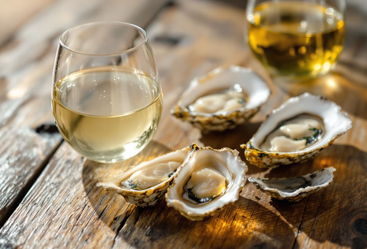 Chilled Sicilian Grillo with Fresh Oysters on Rustic Table A chilled glass of Sicilian Grillo wine and three fresh oysters on a rustic wooden table, bathed in soft natural morning light, with glistening textures and a sense of coastal luxury.