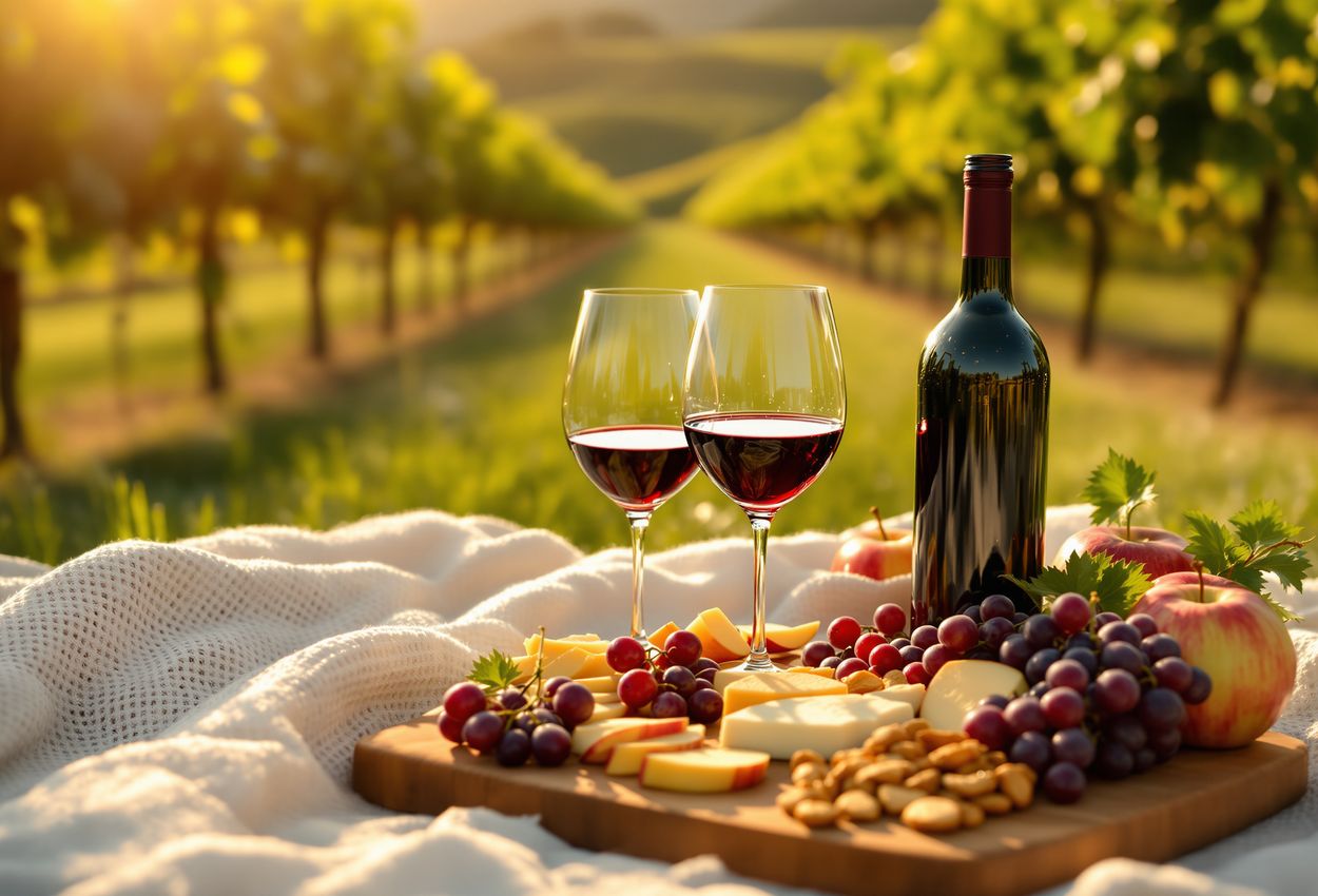 Golden‑hour vineyard picnic of wine, fruit and cheese in sunlit terroir A sunlit vineyard at late afternoon with a picnic setup: a bottle of red wine, two glasses, fresh grapes, berries, apples, and artisanal cheeses on a blanket, with rows of grapevines receding into a softly glowing horizon.