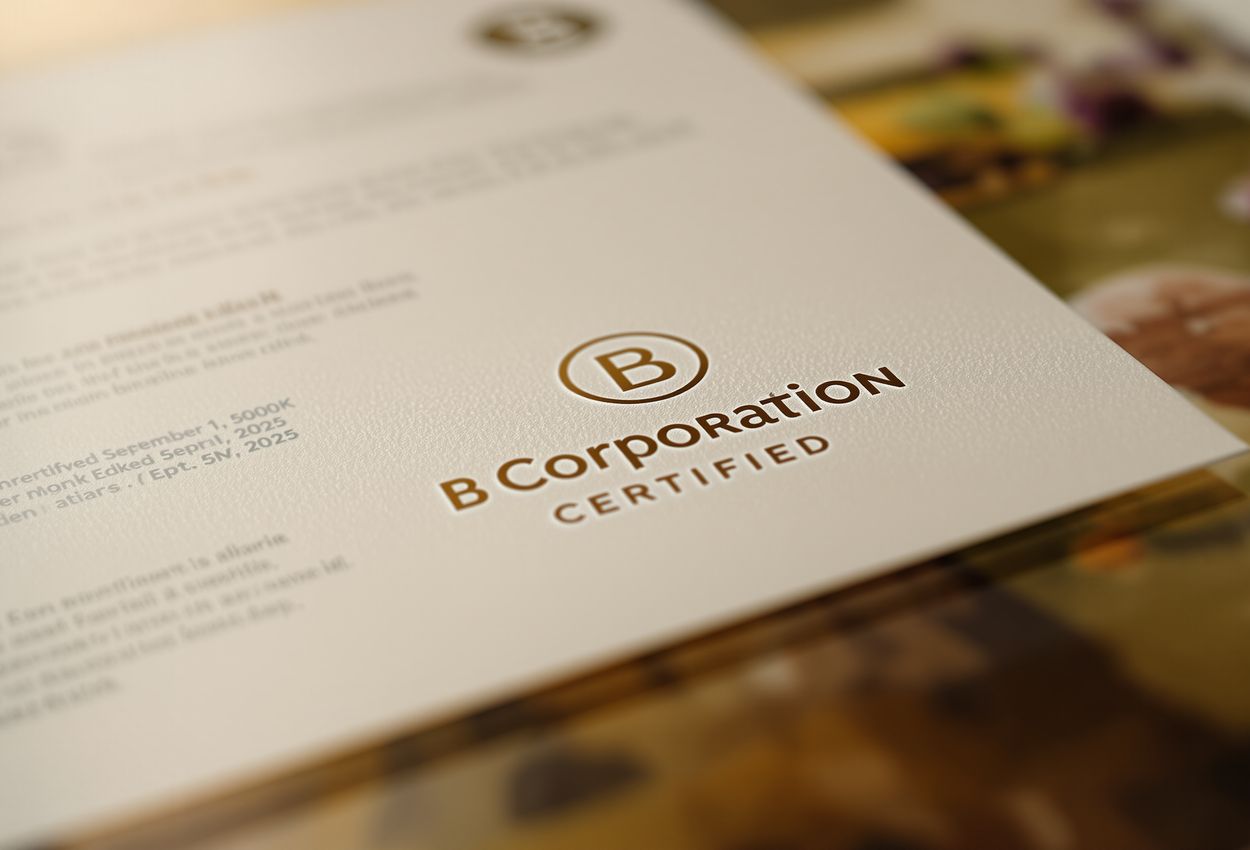A close‑up image showing a sharply focused B Corp certification logo on winery marketing material, with soft blurred background and visible paper texture.