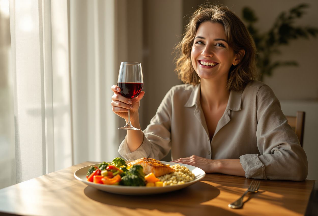 Woman enjoying red wine and healthy grilled salmon meal in warmly lit cozy dining room A relaxed woman in a softly sunlit dining room enjoys grilled salmon with roasted vegetables, quinoa, and a glass of red wine, conveying warmth, mindfulness, and well‑being.