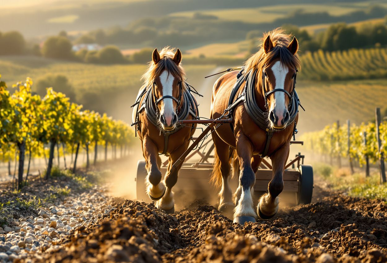 Close‑up of two large Shire horses with feathered legs ploughing a gravelly vineyard at Chateau Smith Haut Lafitte, with warm natural light on the horses, wooden plough, and vineyard rows in soft focus beyond