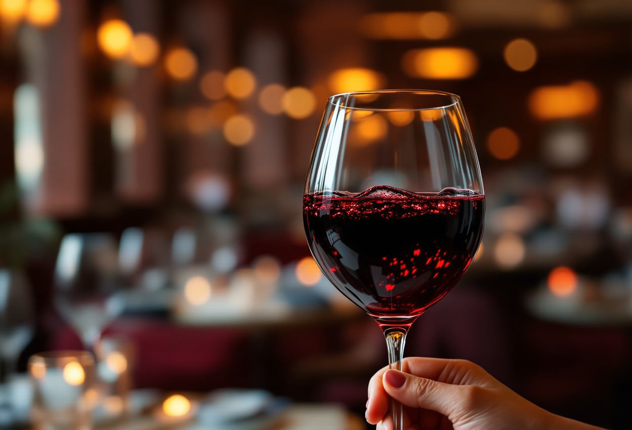 A medium shot capturing a hand swirling a glass of red wine in a dim, warm‑lit restaurant. The focus is on the richly colored wine and glass, with the background softly blurred to suggest a plush, intimate dining setting.