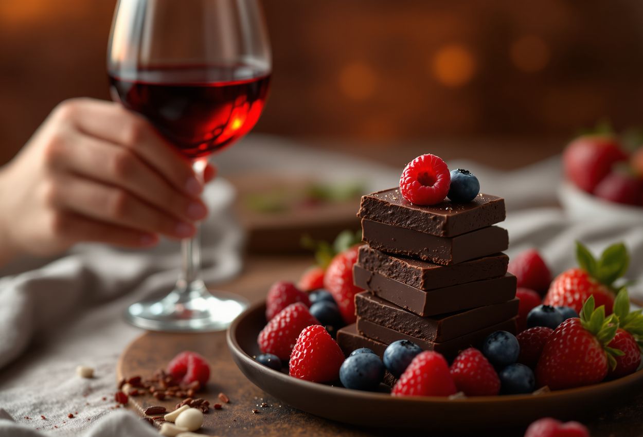 Mindful Indulgence: Macro Portrait of Wine and Healthy Dessert in Warm Glow Close‑up image of a person savoring a glass of red wine beside dark chocolate squares and fresh berries, bathed in warm light, highlighting textures and a sense of balanced, guilt‑free enjoyment.