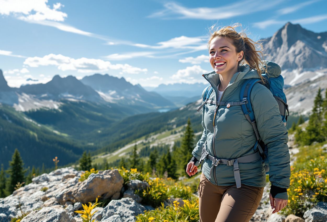 Experienced hiker basking in golden‑hour mountain vista on early September trail A smiling female hiker pauses on a rocky alpine trail under clear blue sky and golden‑hour light, surrounded by forest, wildflowers, and distant mountain peaks; textures of skin, clothing and terrain are rendered in exquisite realistic detail.