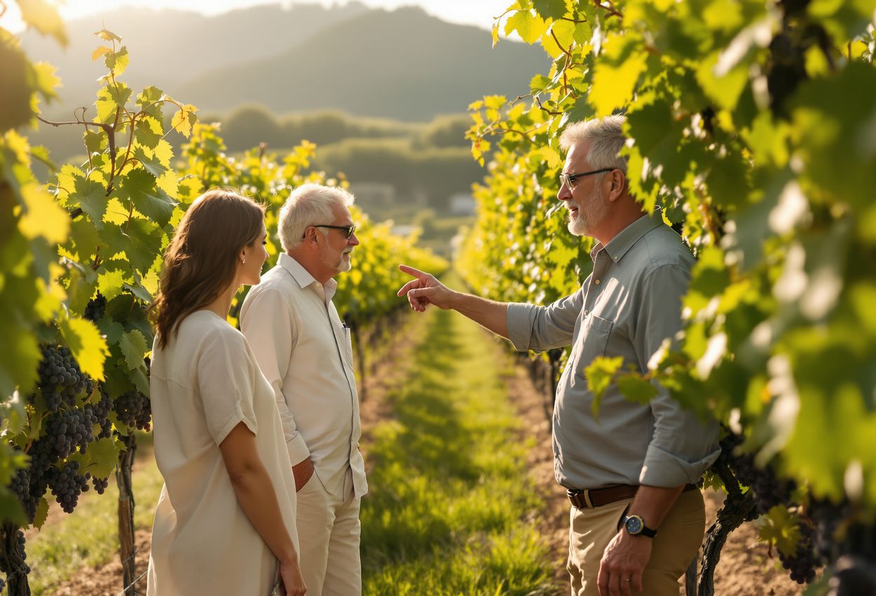 A realistic vineyard medium shot showing a winery owner speaking with two visitors among grapevines and sun‑lit leaves, capturing textures, expressions, and depth in a warm natural light setting.