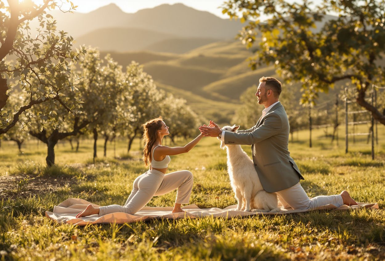 A sunlit wide-angle scene of a woman and man practicing miniature goat yoga in a California vineyard on September 1, 2025, with playful goats, a rustic cheese and wine setup, rolling vines, and golden morning light.