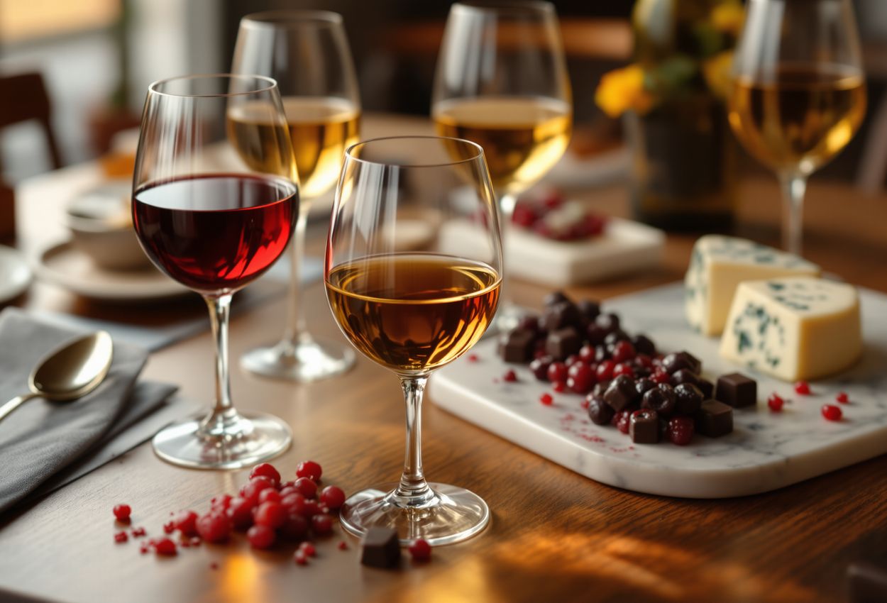 A sumptuous photograph of dessert wines—late‑harvest Riesling, vin santo, Sauternes—paired with chocolate truffle, berry compote, blue cheese. Warm lighting highlights glass reflections and dessert textures on a wooden table.