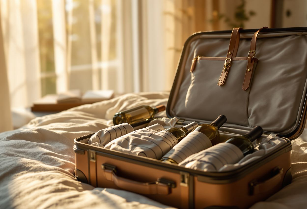 A softly lit, editorial‑style image showing an open suitcase on a bed, meticulously organized with a high‑quality corkscrew, protective wine sleeves, stain remover pen, and stylish wine tote arranged in warm natural light for a refined travel‑ready scene.
