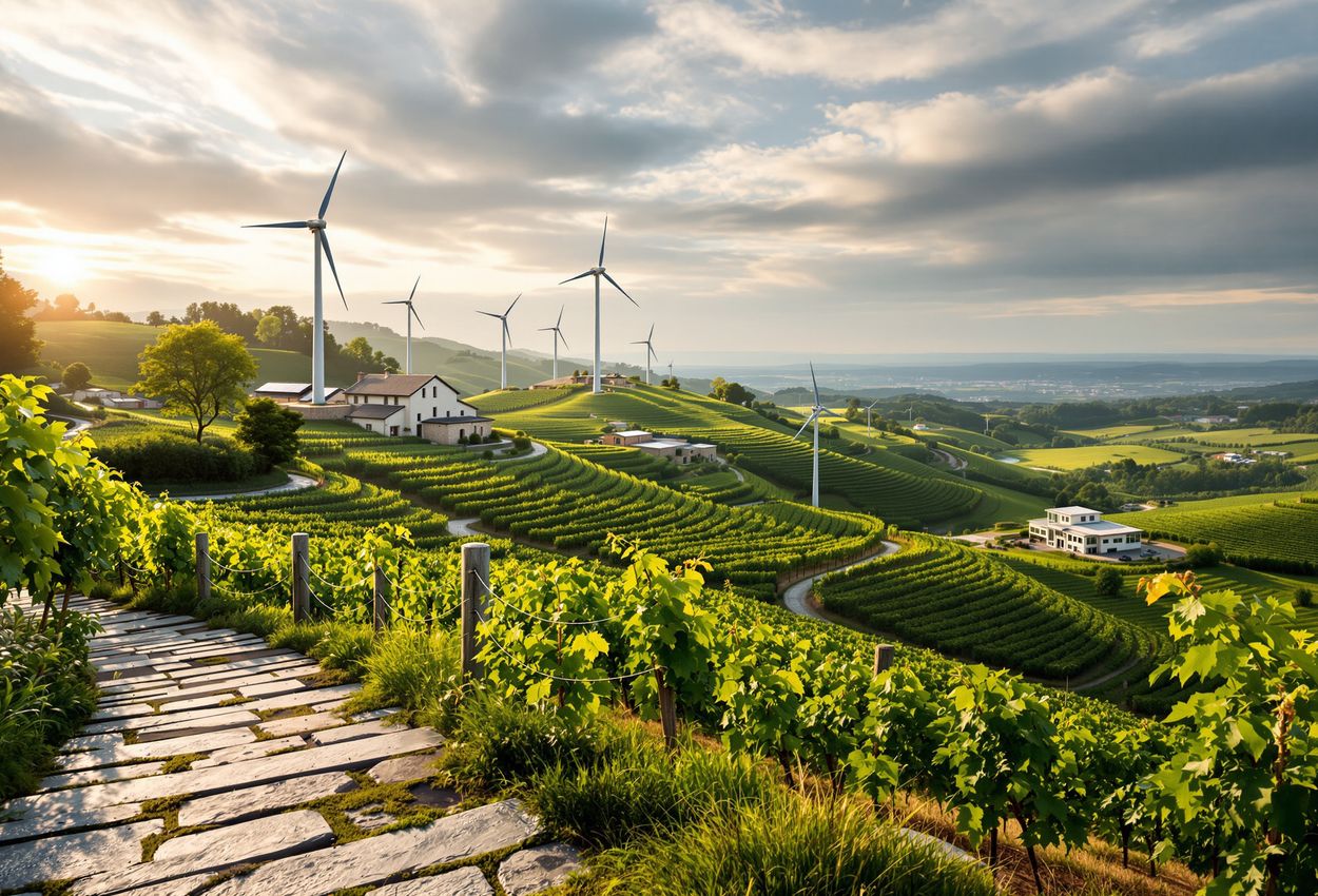 A wide‑angle view of family‑owned stone wineries built with granite and slate, nestled among verdant Albariño and Godello vineyards in Galicia on a warm September afternoon. Sleek wind turbines and solar panels integrate sustainably into rolling green hills under a soft golden sky.