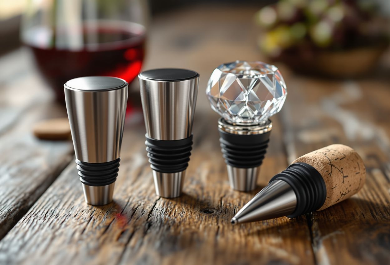 A macro‑style close‑up photograph showing a selection of high‑quality wine stoppers—including stainless steel vacuum‑seal, silicone, decorative glass, and cork—arranged on a textured wooden table with a partially opened red wine bottle blurred in the background.