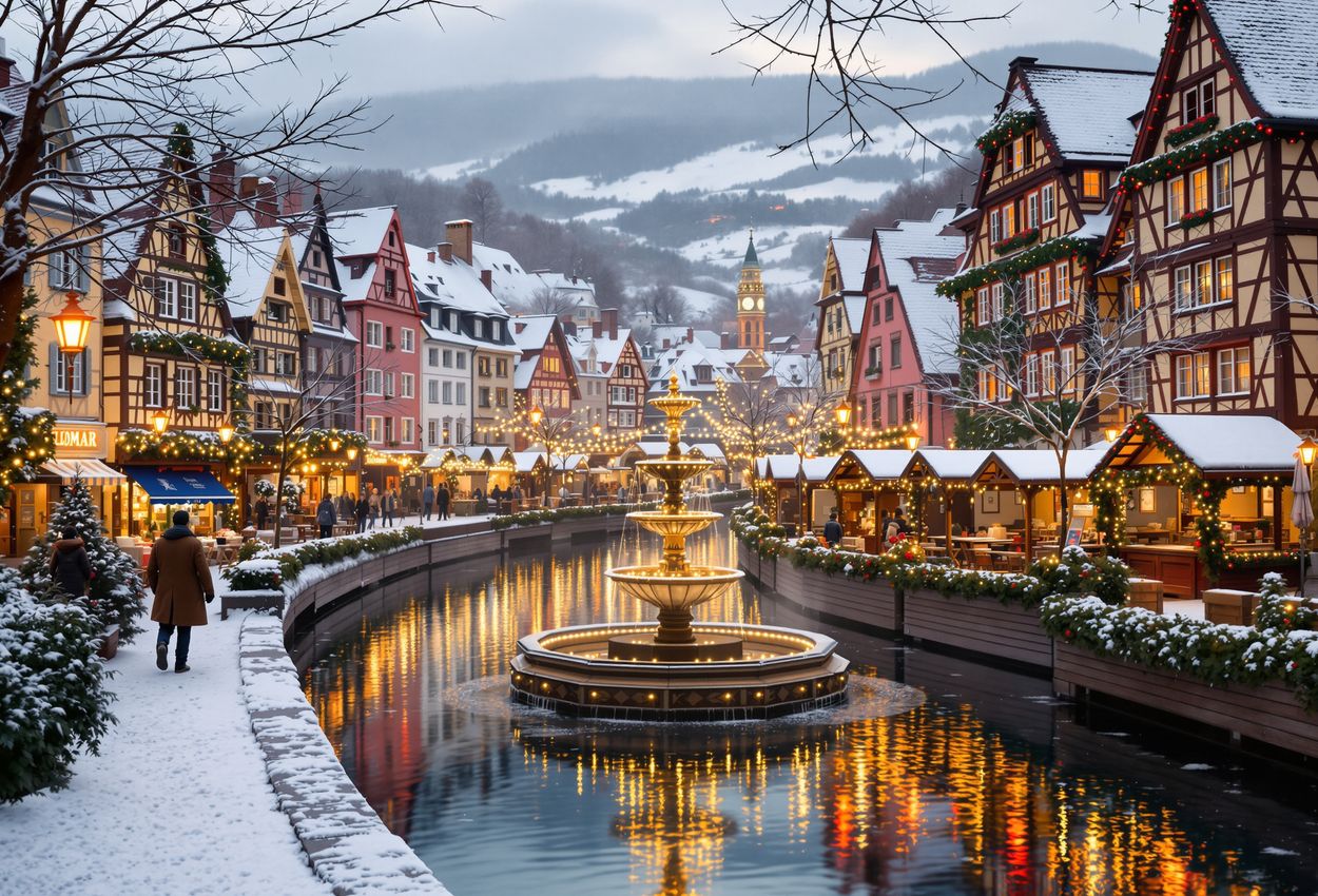 A landscape‑format photograph of Colmar, France in December: colorful half‑timbered houses reflected in a canal, warmly lit wooden stalls around a fountain during the Christmas market, and frost‑touched vineyards on rolling hills beyond.
