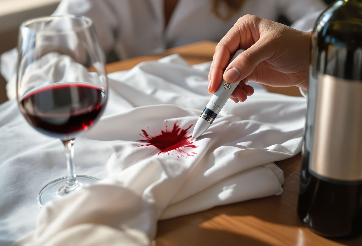 Close‑up action shot of a traveler’s hands using a Tide To Go pen to remove a red wine stain from a white shirt, with a wine bottle and glass softly out of focus nearby.