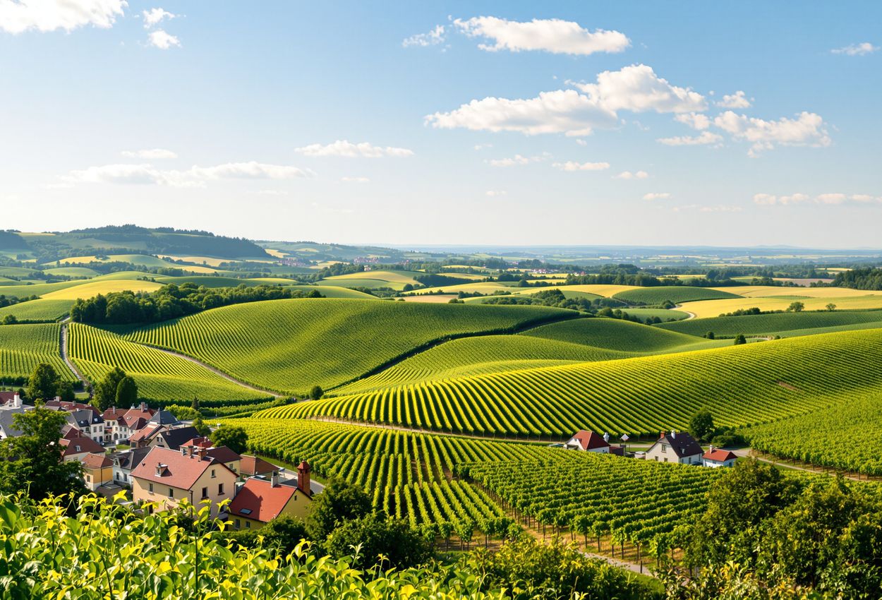 A detailed photograph of a Moravian village in the foreground with pastel‑toned houses and cobblestone lanes, rolling vineyards leading to fruit orchards in the distance under soft September sunshine.