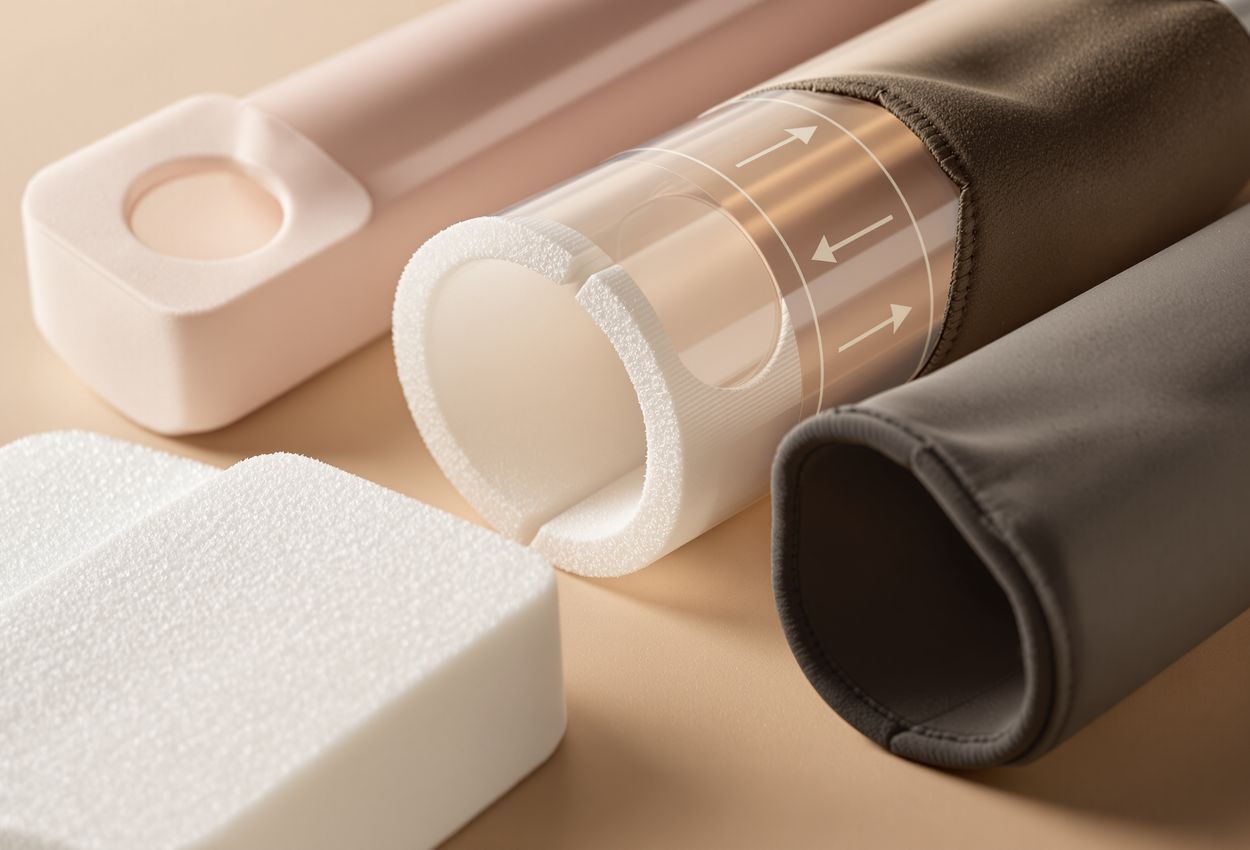 A detailed close‑up of three types of wine bottle protector sleeves—molded foam insert, inflatable air‑column wrap, and neoprene sleeve—arranged on a neutral background under soft diffused lighting, highlighting their textures and functional design.