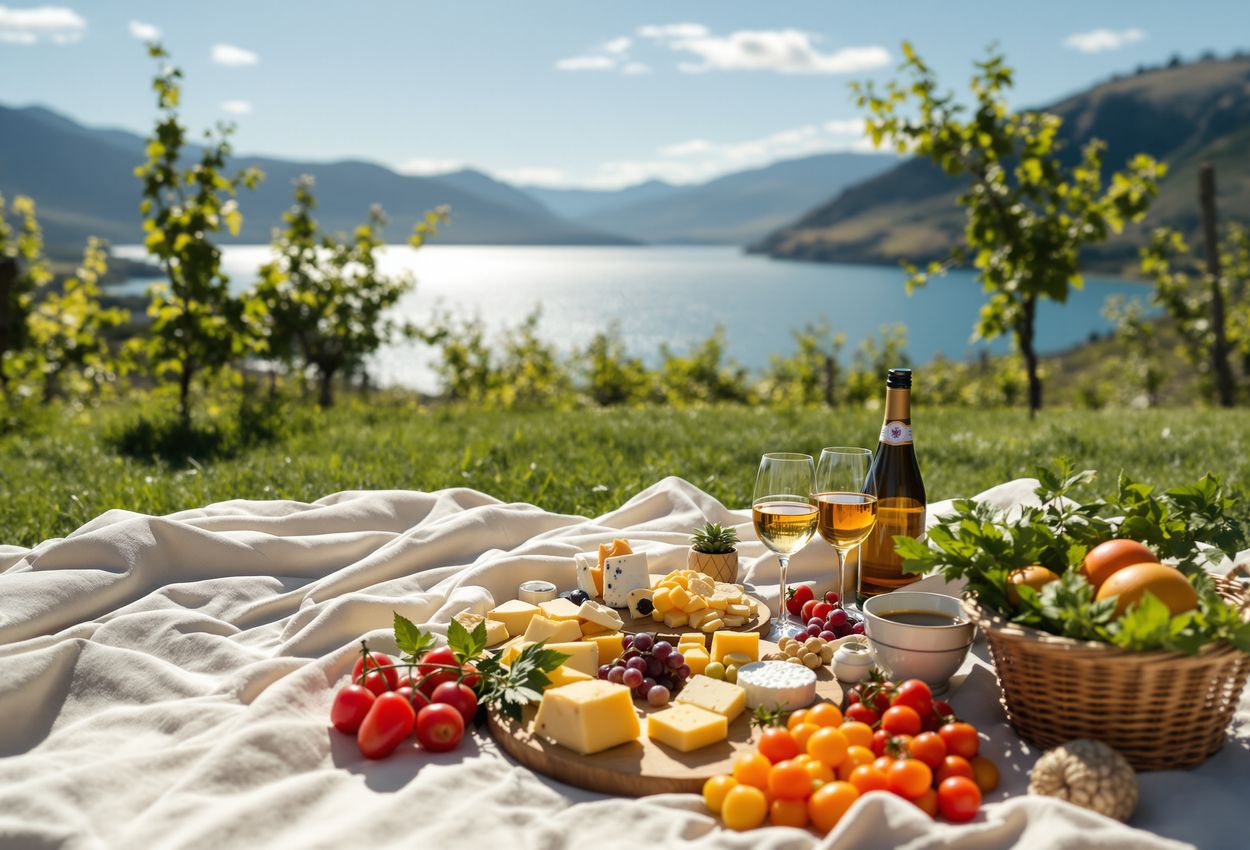 A sunny wide‑angle view of three casually stylish people picnicking on a linen blanket among grapevines in British Columbia’s Okanagan Valley on September 1. They sit by artisanal food and sparkling wine, with detailed skin textures and linen weave, against a backdrop of vineyard rows leading toward a sparkling lake under a clear blue sky.