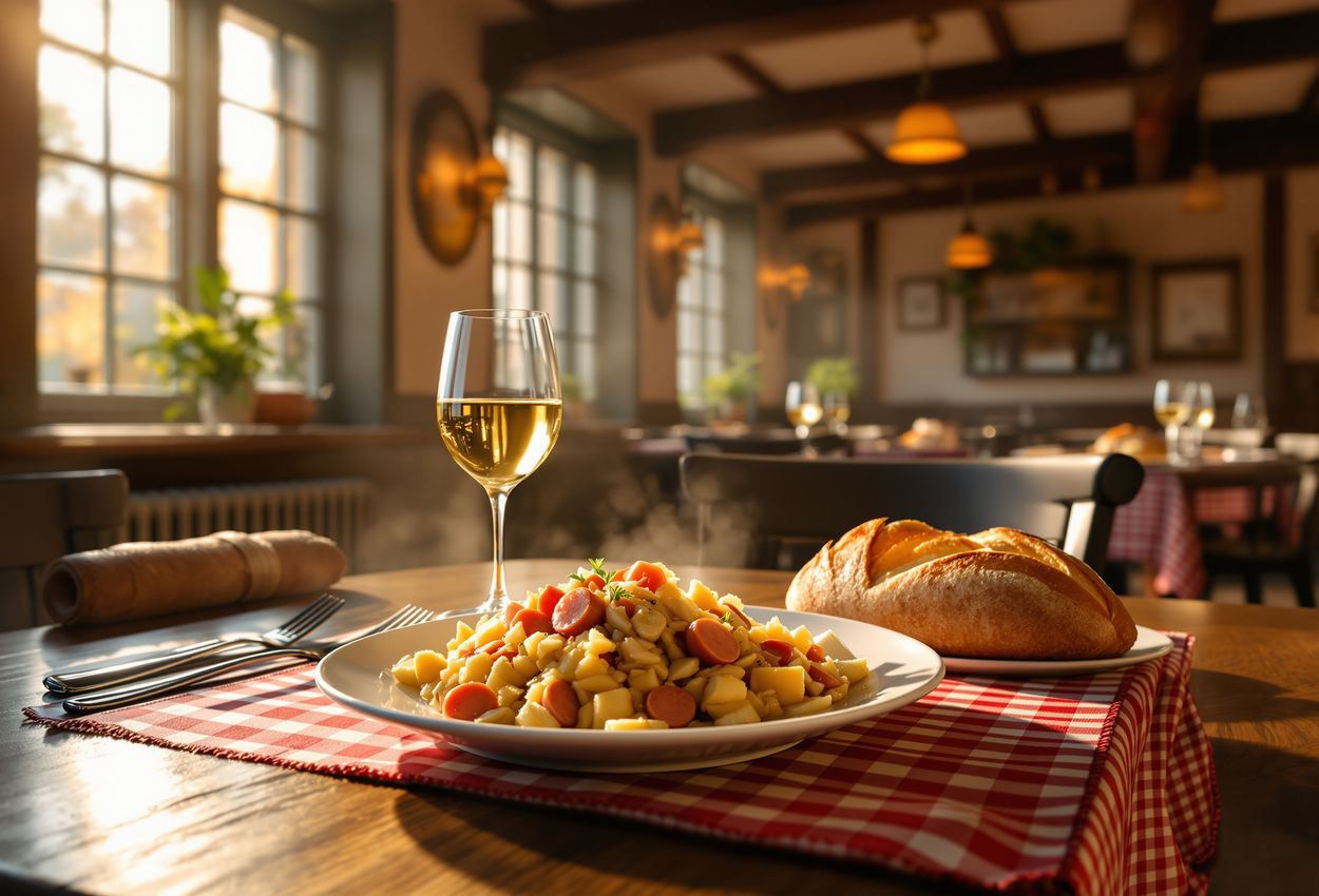 A wide‑angle view of a traditional Alsatian winstub in early autumn, featuring a table set with choucroute garnie, Riesling, and bread, warmly lit and populated by two realistic diners in period‑appropriate attire, all in a richly textured, inviting interior.
