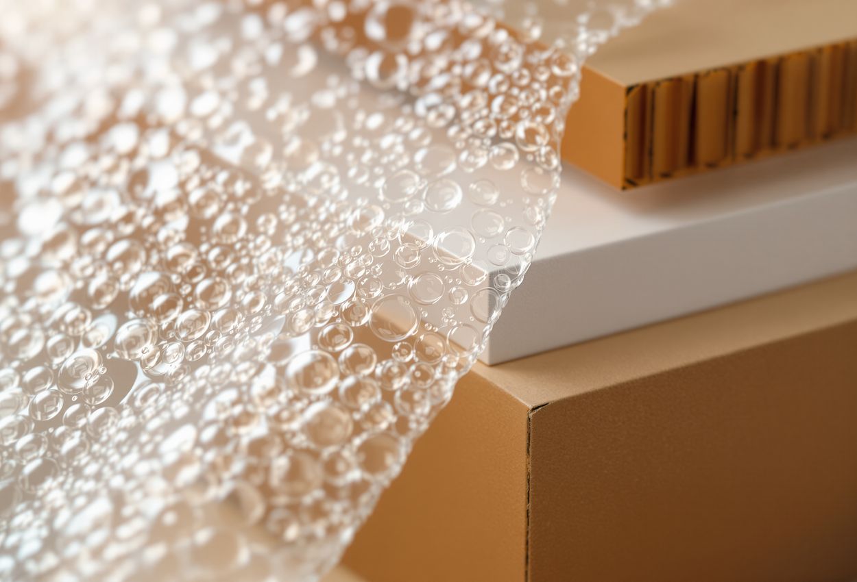 Macro photograph of luxury wine‑shipping packaging materials with hyperrealistic textures Close‑up macro image showing bubble wrap, corrugated cardboard dividers, polystyrene sheets, and sturdy cardboard on a clean surface, with soft light highlighting textures and organized composition.