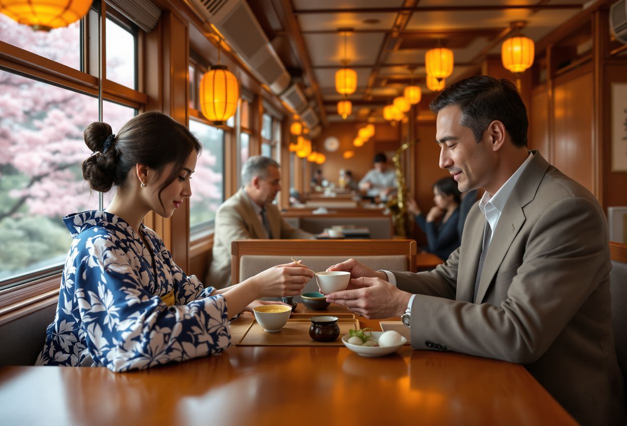 Interior scene of Koshino Shu*Kura excursion train on April 15 2025. A woman in indigo silk kimono sampling sake at a wooden table, beside a man with a lacquered bento box, jazz trio performing in warm, lantern‑lit cabin – rich textures of wood, fabric, ceramic, and brass in a cozy, refined atmosphere.