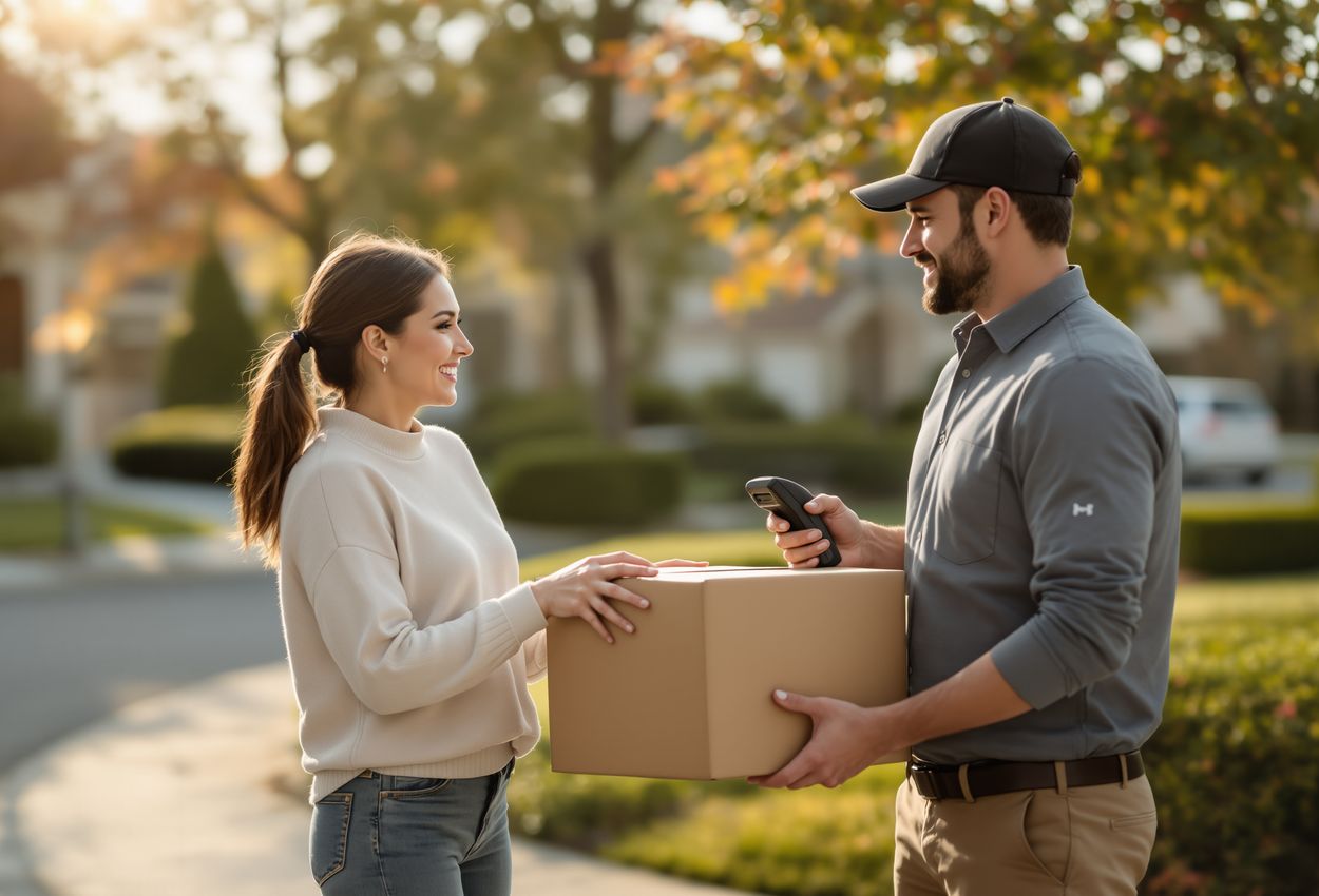 Early September Morning Doorstep Wine Delivery in Suburban Neighborhood A woman signs for a package of wine at her front doorstep from a delivery person in a well‑kept suburban neighborhood on a bright early September morning. The scene shows a warm interaction, natural light, and finely detailed textures.