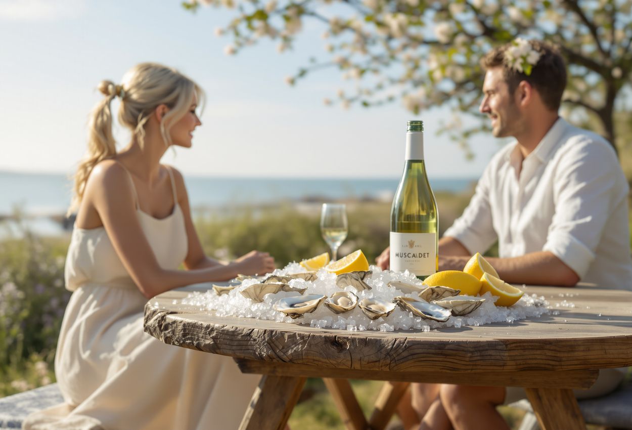 A serene coastal scene in the Loire Valley showing a wooden table set with oysters, Muscadet wine, lemon wedges; two stylishly dressed people enjoying the view as gentle waves blur in the background under a clear blue sky.
