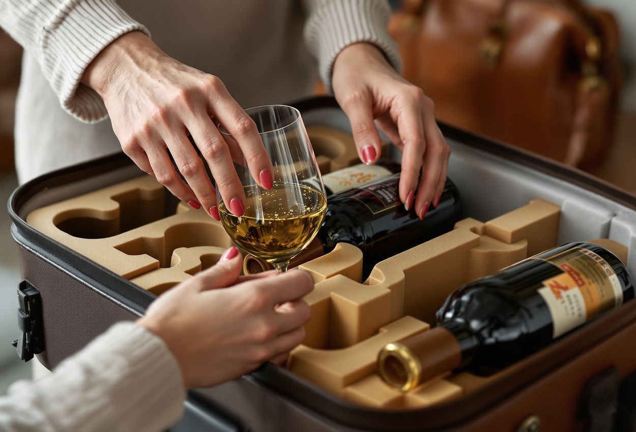 Close‑up photograph of hands packing wine bottles into a premium suitcase with protective inserts, showing detailed textures of glass, leather, and foam, with soft daylight illuminating the scene.