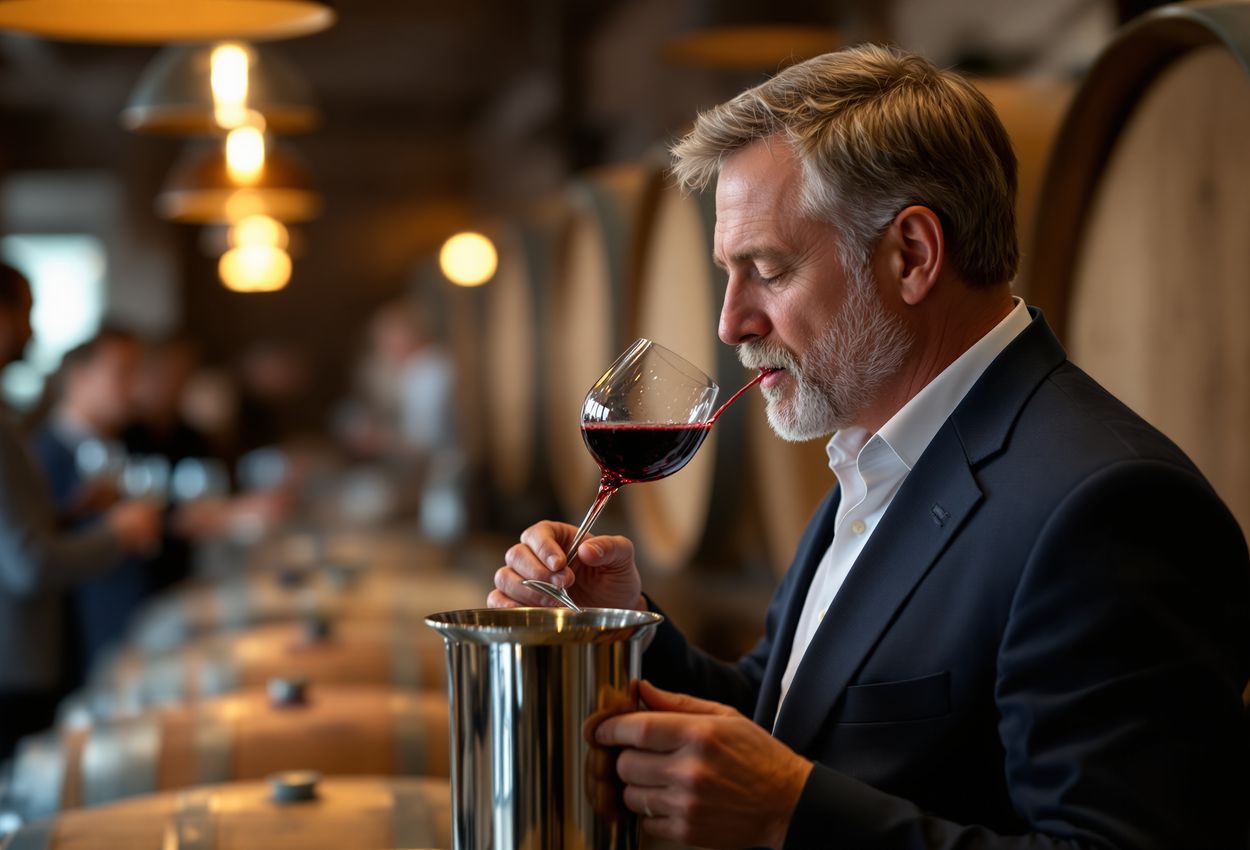 A candid photo of a man in a dark blazer discreetly spitting red wine into a polished stainless‑steel spittoon, with blurred wine barrels and fellow tasters in a softly lit tasting room, highlighting textures of metal, wood, and fabric.