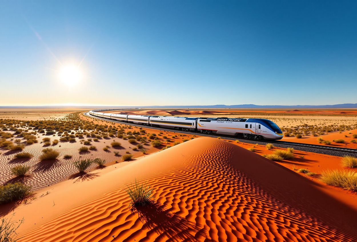 Landscape photograph showing the Indian Pacific train traveling through Australia