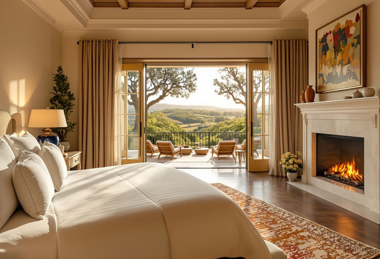 A doorway view of an elegant suite featuring a king-size bed with Italian linens, a glowing marble fireplace, and French doors opening to a sunlit terrace overlooking a vineyard under warm late-afternoon light.