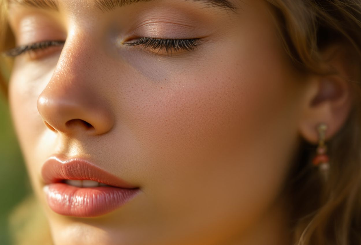 A serene, close‑up portrait of a person’s face in soft natural light, skin textures and subtle details emphasized, expressing the quiet purity of fragrance‑free sensory focus.