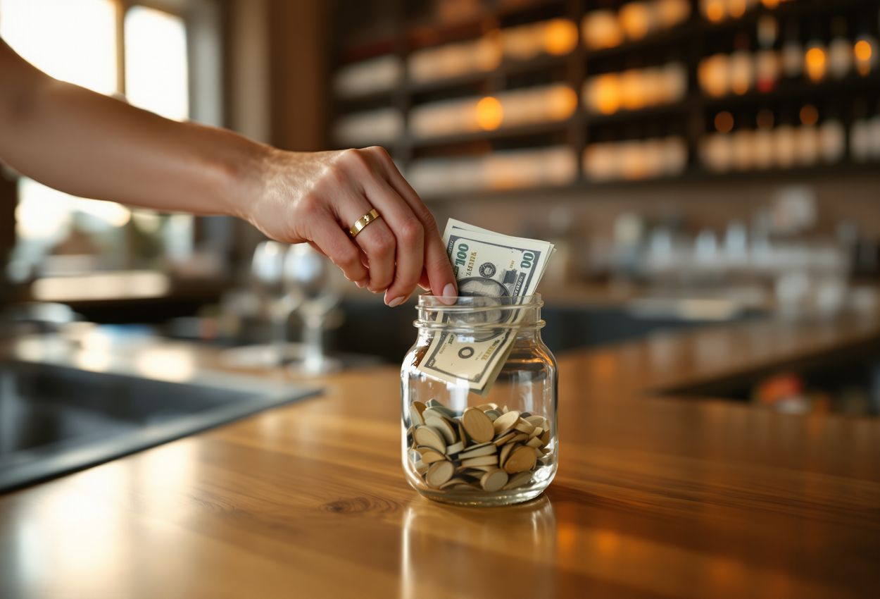 A realistic photograph of a hand placing paper bills into a tip jar on a wine tasting room counter. The hand is in sharp focus, with a warmly lit display of blurred wine bottles and glasses behind, evoking an inviting atmosphere of gratitude and hospitality.