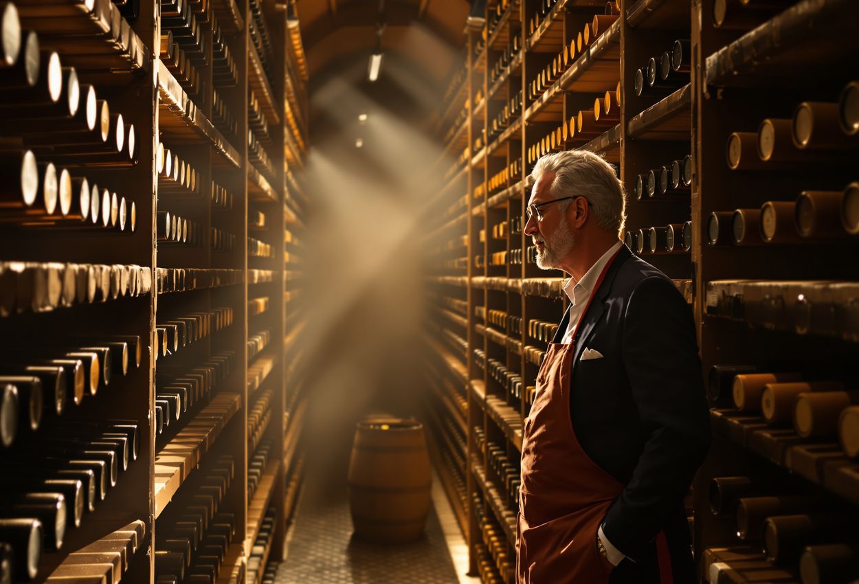 Photo of a wine cellar with rows of wooden racks filled with Portuguese wine bottles, a wine expert and a guest engaged in conversation amid warm late‑afternoon light illuminating labels and textures.