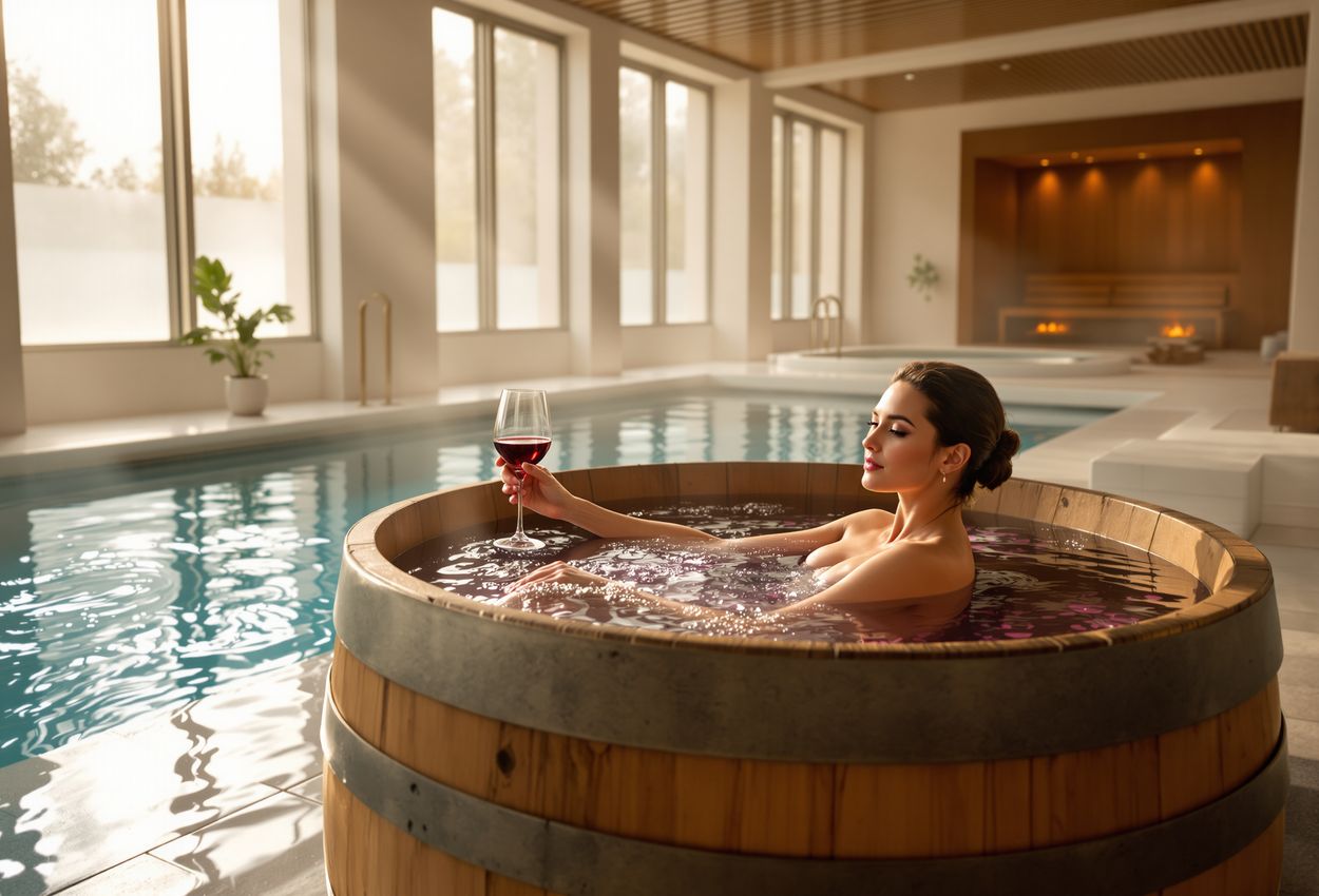 A serene indoor spa scene featuring a guest relaxing in a wine‑infused barrel bath, lit by soft morning light. The composition includes an indoor pool, hot tub, sauna, steam room, and salt room in harmonious layout, emphasizing textures like oak, water, stone, and tile.