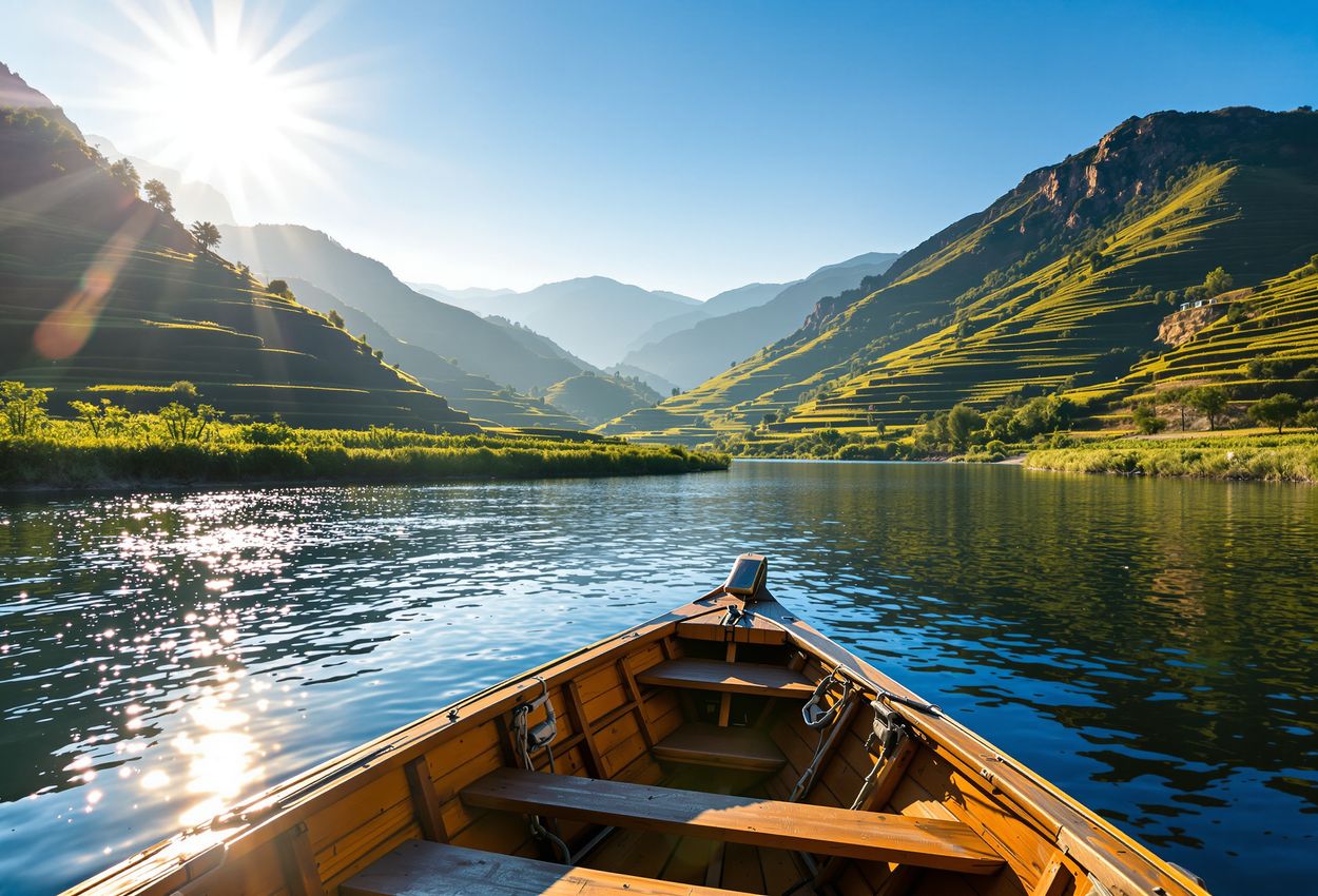 A serene early‑September morning scene in the Douro Valley captured in crisp detail: a wooden boat glides on the shimmering Douro River amid terraced vineyards on steep schist slopes, all under a clear blue sky with warm light highlighting the natural textures and contours.