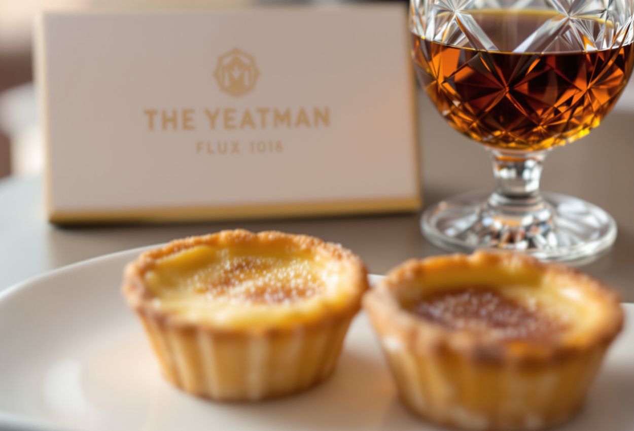 A close‑up photo of two Portuguese custard tarts and a glass of Port wine on a warm afternoon at a luxury hotel, with soft sunlight filtering through, focusing on rich textures and a welcoming atmosphere.