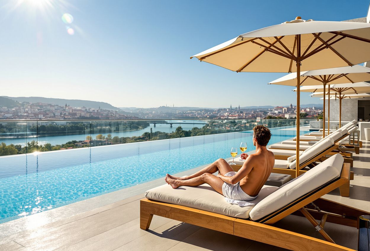 A bright afternoon shot of a luxury hotel’s infinity pool terrace in Porto, showing sun loungers, umbrellas, a poolside bar, guests relaxing, and a panoramic view of the city and the Douro River.